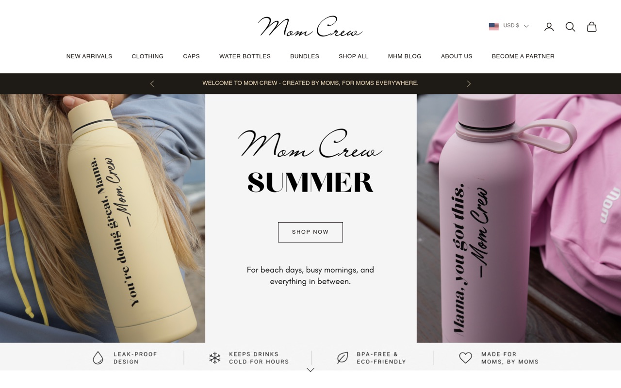 Mom Crew e-commerce website — lifestyle brand